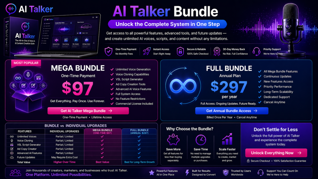 AI Talker bundle 16 by 9 banner showing mega bundle and full bundle pricing with feature comparison and product interface