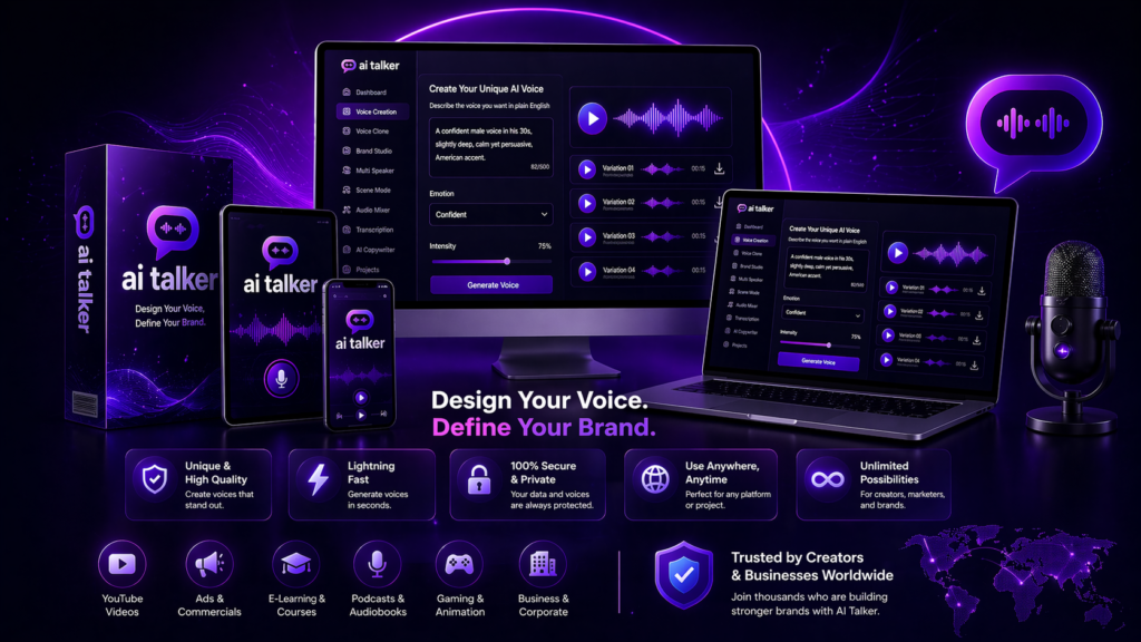 AI Talker product showcase displaying AI voice creation software on desktop, laptop, tablet, and mobile with branding and studio microphone setup