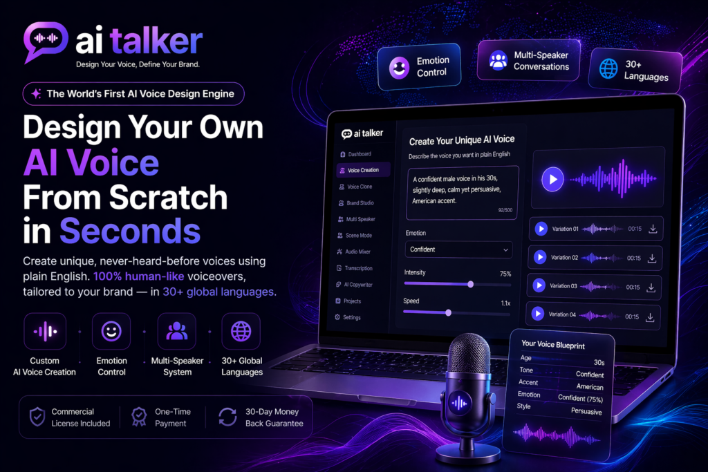 AI Talker AI voice creation dashboard with custom voice design interface and features