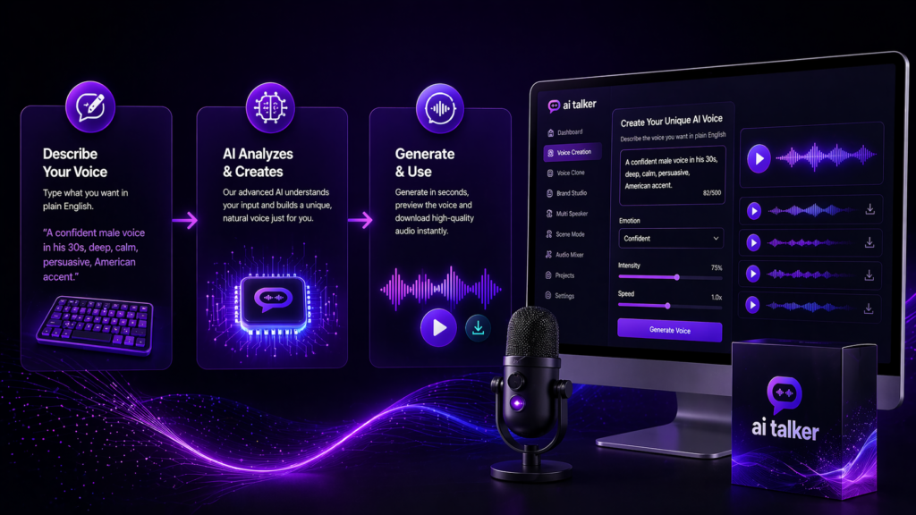 AI Talker workflow showing voice creation process from text input to AI-generated voice output on dashboard interface