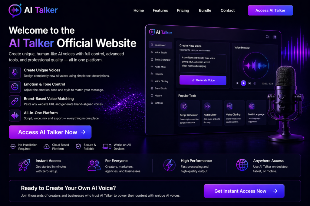 AI Talker official website interface showing AI voice creation dashboard with tools and features across devices