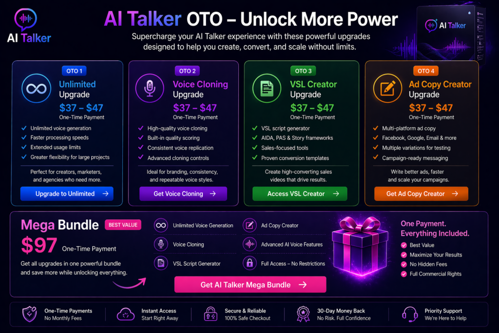 AI Talker OTO upgrades showing unlimited access, voice cloning, VSL creator, ad copy tools, and mega bundle pricing