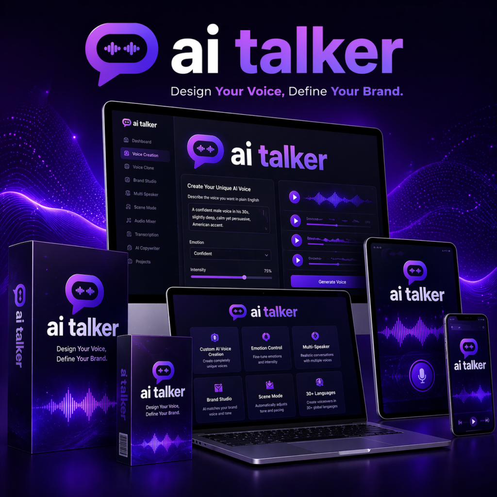 AI Talker product mockup showing AI voice creation software dashboard across desktop, laptop, tablet, and mobile devices with branding visible